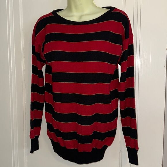 Vintage 70s Overture red, black & gold striped acrylic/wool sweater - Picture 1 of 10